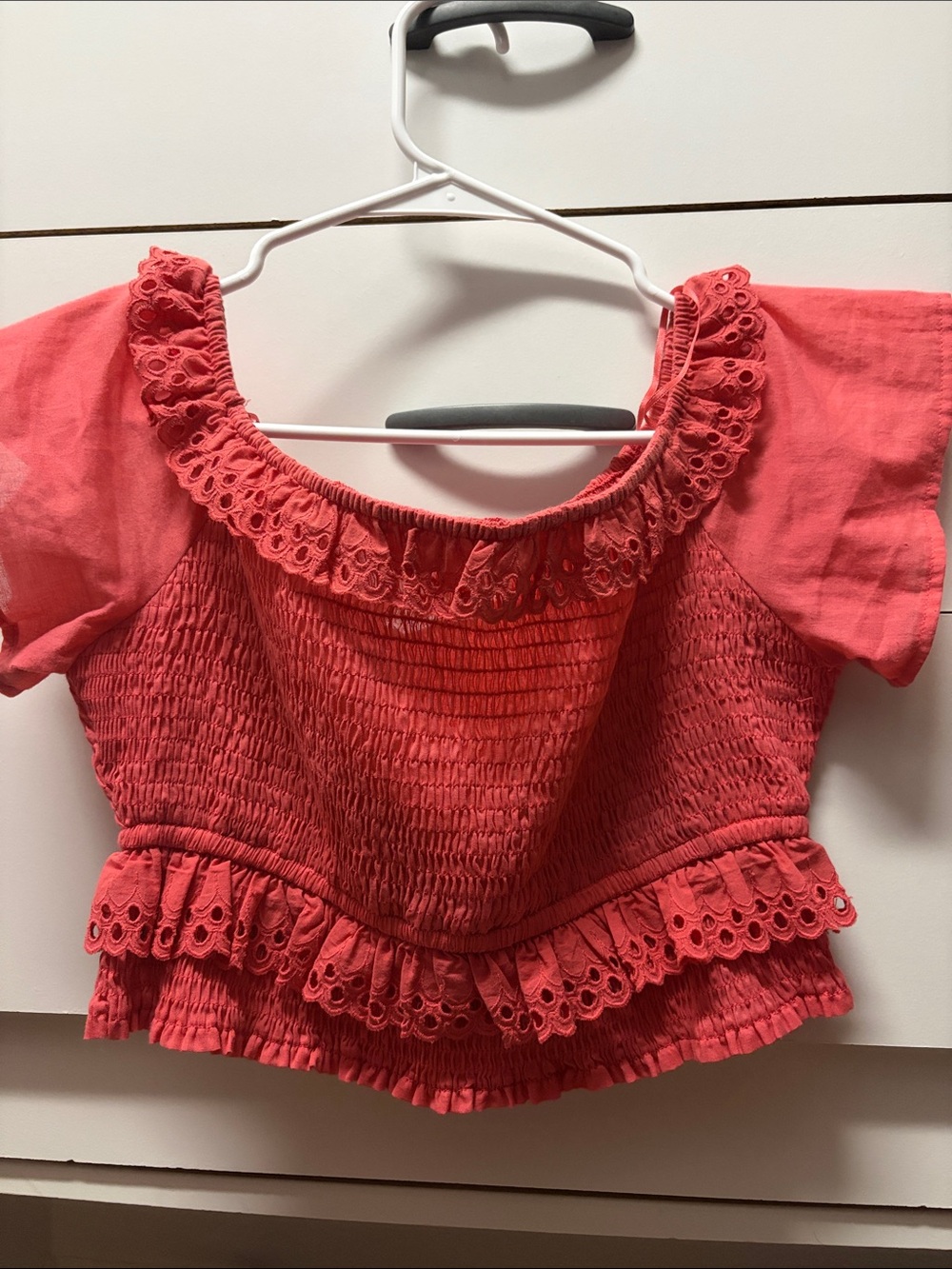 Lush Coral Pink Smocked Eyelet Crop Top